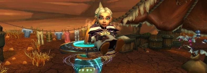 Chromie a character from world of warcraft sitting on a large hour glass