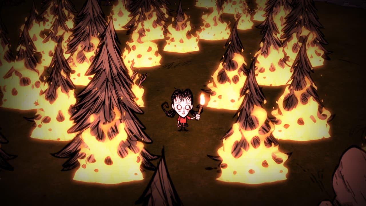 forest on fire, with the character Wendy holding a torch