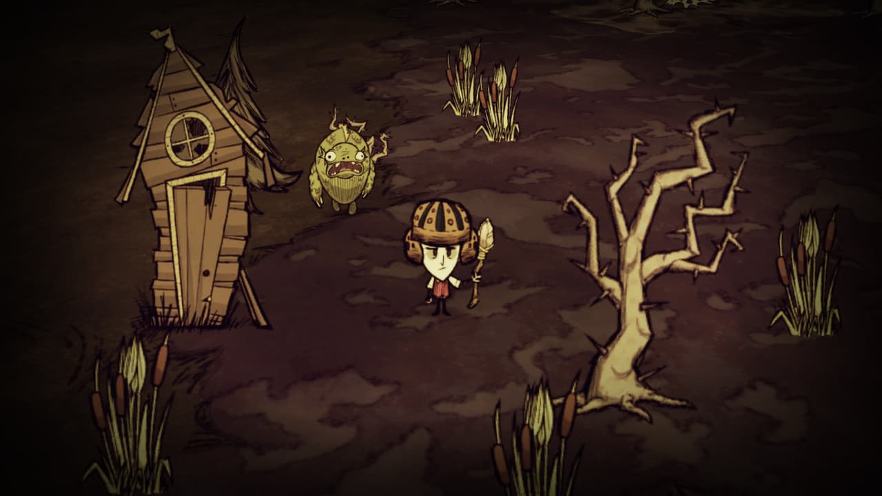 The character Wilson in a swamp with a spear